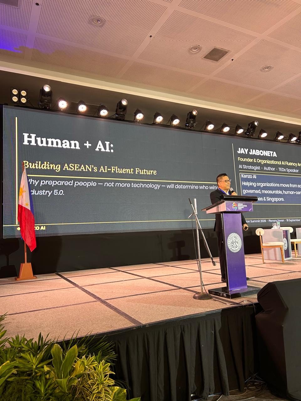 Jay Jaboneta delivering a plenary keynote at the ASEAN Innovation Summit 2026 in Davao City